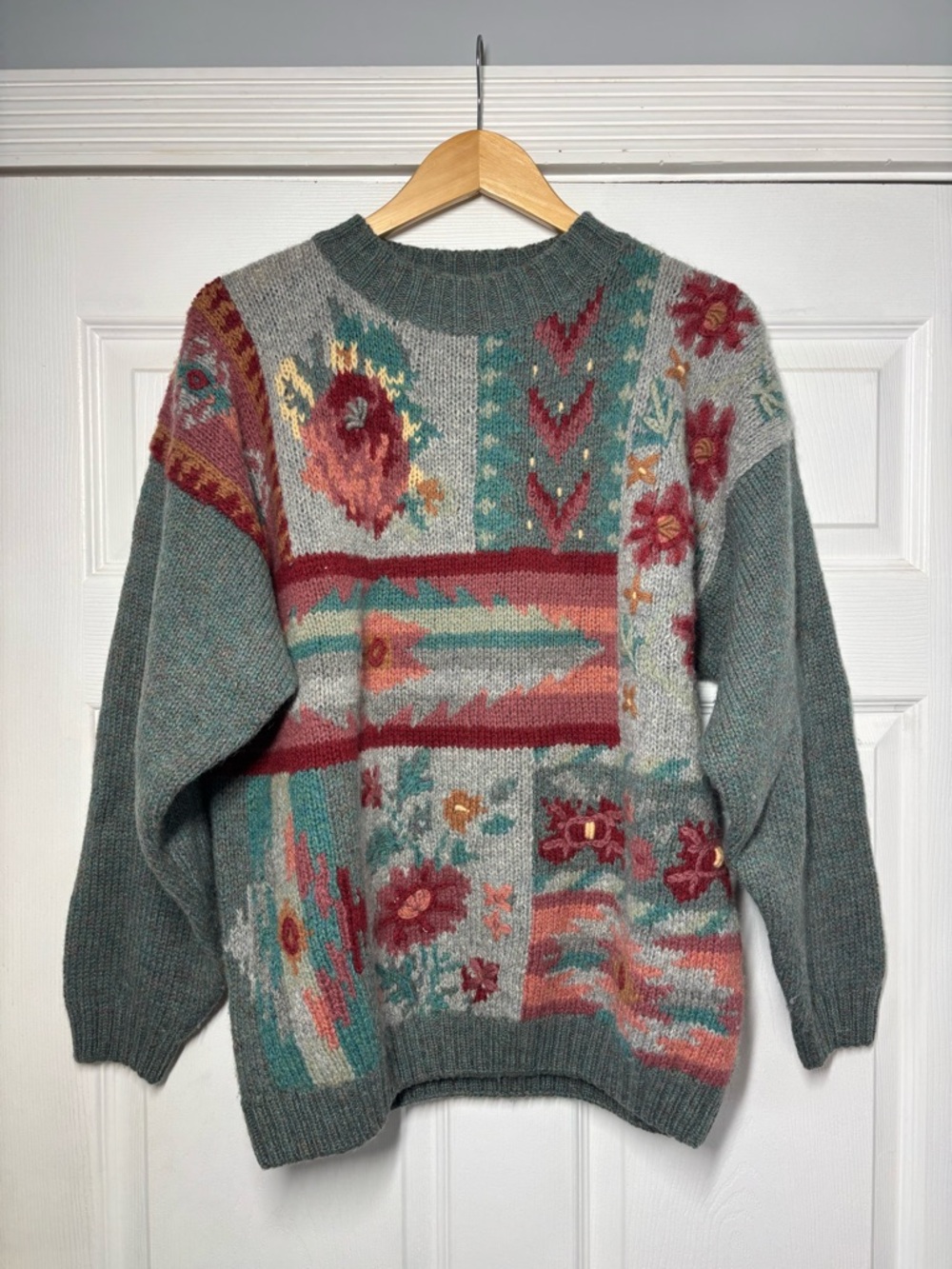 Eddie Bauer 90s Vintage Folk Art Floral Wool Patchwork Sweater